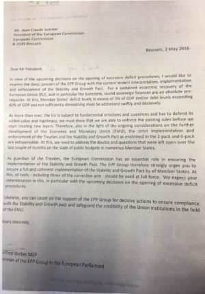 Carta de Weber a Juncker, a la que ha tenido acceso la SER. Carta de Weber a Juncker, a la que ha tenido acceso la SER.