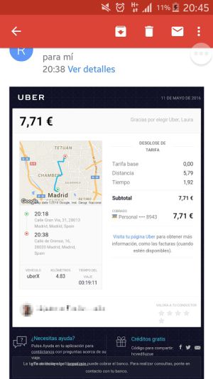 Imagen de la factura de Uber X Imagen de la factura de Uber X