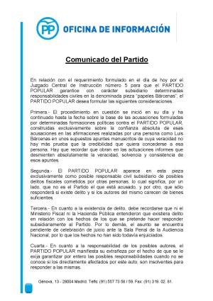 Comunicado del PP sobre la fianza civil de 1,2 millones de euros impuesta al partido como responsable civil subsidiario por su caja b (Página 1/2).