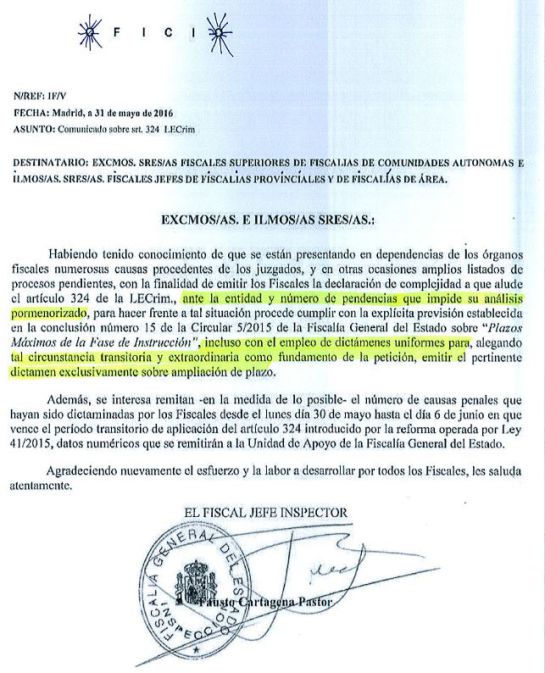 Documento enviado a las fiscalías superiores Documento enviado a las fiscalías superiores