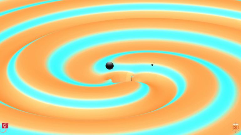 Esta imagen representa dos agujeros negros sólo momentos antes de que chocaron y se fusionaron entre sí, liberando energía en forma de ondas gravitacionales. Esta imagen representa dos agujeros negros sólo momentos antes de que chocaron y se fusionaron entre sí, liberando energía en forma de ondas gravitacionales.