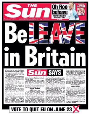 Portada del diario británico 'The Sun' del martes 14 de junio pidiendo el voto a favor de la salida del Reino Unido de la UE. Portada del diario británico 'The Sun' del martes 14 de junio pidiendo el voto a favor de la salida del Reino Unido de la UE.