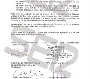 Convenio de 2008 por el que se adjudica a la empresa de la Púnica el torneo de golf, firmado por la testaferro de Granados, María José Marijuán, la consejera de Cultura de Camps, Trinidad Miró, y Carlos Fabra como presidente de la Diputación de Castellón. Convenio de 2008 por el que se adjudica a la empresa de la Púnica el torneo de golf, firmado por la testaferro de Granados, María José Marijuán, la consejera de Cultura de Camps, Trinidad Miró, y Carlos Fabra como presidente de la Diputación de Castellón.