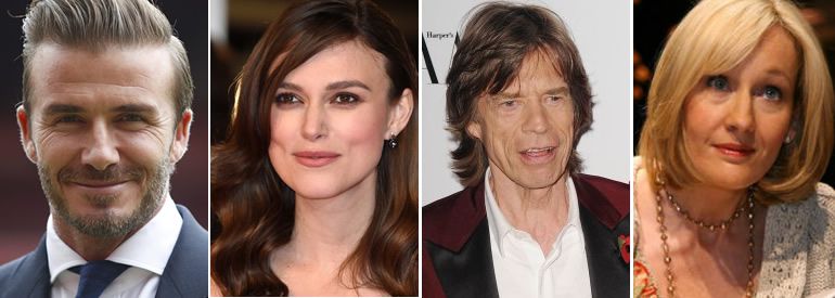 De izquierda a derecha: David Beckham, Keira Knightley, Mick Jagger y J.K. Rowling De izquierda a derecha: David Beckham, Keira Knightley, Mick Jagger y J.K. Rowling