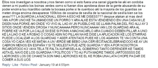 Comentario de un de los investigados por injurias a la Guardia Civil. Comentario de un de los investigados por injurias a la Guardia Civil.