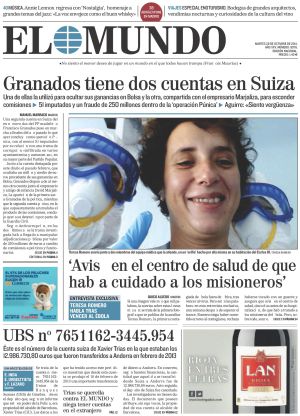Portada de 'El Mundo' del 28 de octubre de 2014, la segunda sobre la supuesta cuenta en Suiza de Xavier Trias. Portada de 'El Mundo' del 28 de octubre de 2014, la segunda sobre la supuesta cuenta en Suiza de Xavier Trias.