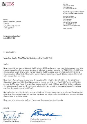 Documento de UBS en el que el banco suizo niega que Xavier Trias tenga cuentas en la entidad. Documento de UBS en el que el banco suizo niega que Xavier Trias tenga cuentas en la entidad.