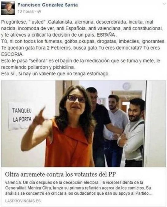 El cantante Francisco, a Mónica Oltra: “Descerebrada, inculta, malnacida” El cantante Francisco, a Mónica Oltra: “Descerebrada, inculta, malnacida”
