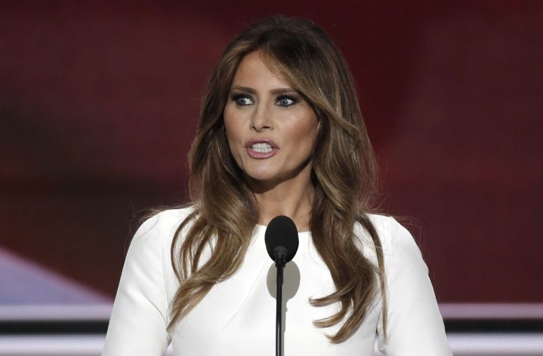Melania Trump, durante su discurso de este lunes por la noche Melania Trump, durante su discurso de este lunes por la noche