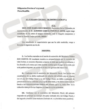 Escrito de defensa de Alfonso García-Pozuelo ante el juez De la Mata (1/2). Escrito de defensa de Alfonso García-Pozuelo ante el juez De la Mata (1/2).