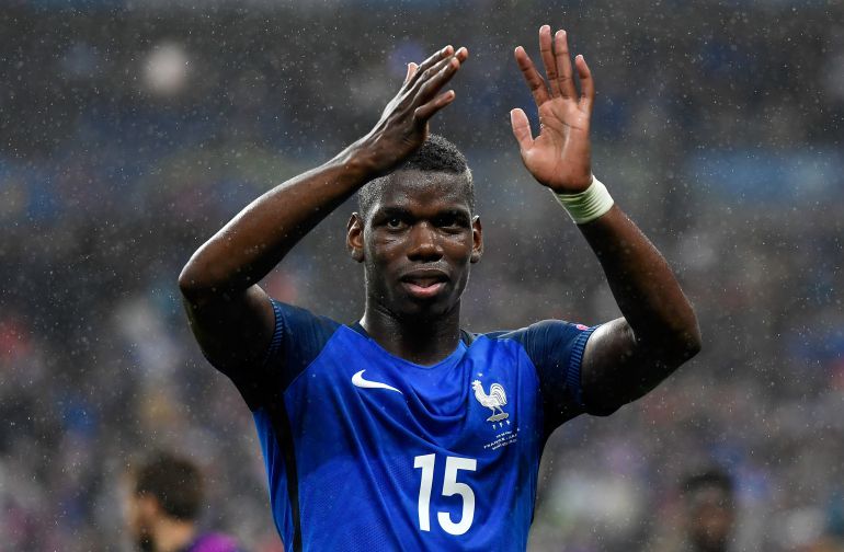 Paul Pogba applauds during a match of the European Championship with the French national team