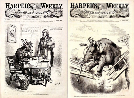 Portadas de la revista Harper's Weekly en las que demócratas y republicanos están representados con un animal Portadas de la revista Harper's Weekly en las que demócratas y republicanos están representados con un animal