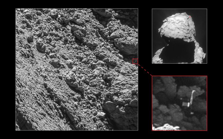 Una cámara de la sonda espacial Rosetta ha logrado localizar en el cometa 67P a su módulo Philae, del que se había perdido el rastro tras su aterrizaje en noviembre de 2014.
Una cámara de la sonda espacial Rosetta ha logrado localizar en el cometa 67P a su módulo Philae, del que se había perdido el rastro tras su aterrizaje en noviembre de 2014.