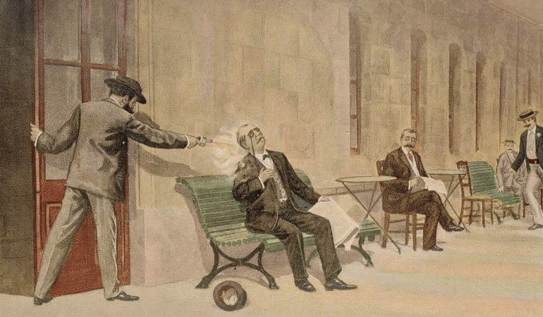 Ilustración del momento en el que Antonio Cánovas del Castillo es asesinado en el balneario de Santa Águeda (Guipúzcoa). Ilustración del momento en el que Antonio Cánovas del Castillo es asesinado en el balneario de Santa Águeda (Guipúzcoa).