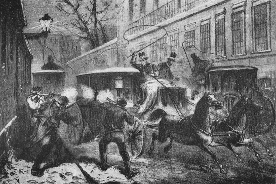 Grabado que ilustra el momento en el que el carruaje de Prim es asaltado en la calle del Turco de Madrid. Grabado que ilustra el momento en el que el carruaje de Prim es asaltado en la calle del Turco de Madrid.