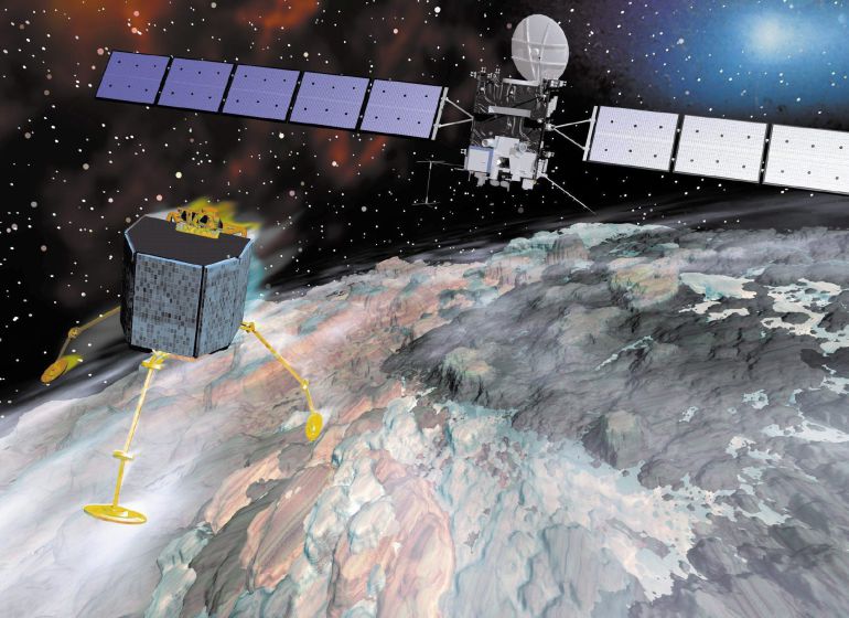 Imagen facilitada por la Agencia Espacial Europea (ESA) que muestra la sonda Rosetta durante su aproximación al cometa 67P para su aterrizaje. Esta misión finaliza el 30 de septiembre con un aterrizaje controlado sobre el cometa 67P. Imagen facilitada por la Agencia Espacial Europea (ESA) que muestra la sonda Rosetta durante su aproximación al cometa 67P para su aterrizaje. Esta misión finaliza el 30 de septiembre con un aterrizaje controlado sobre el cometa 67P.