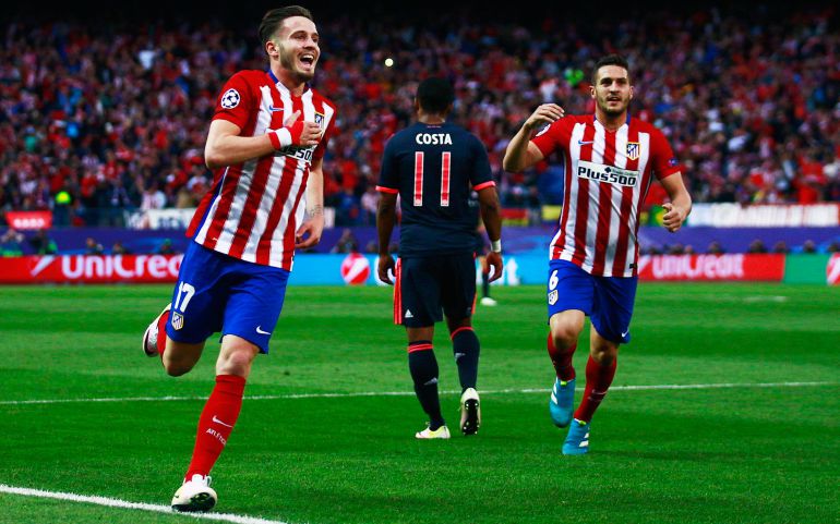 Saúl celebra su gol al Bayern en la ida de las semifinales de la Champions League 2015-16. Saúl celebra su gol al Bayern en la ida de las semifinales de la Champions League 2015-16.