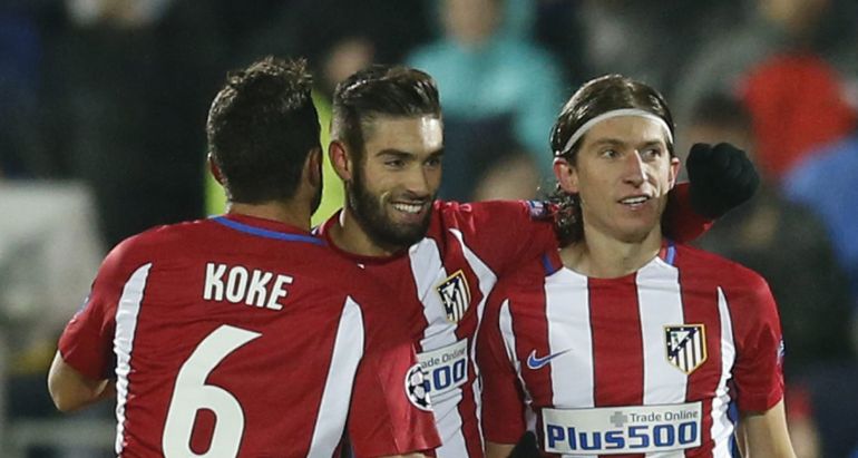 Carrasco celebra su gol junto a Koke y Filipe Carrasco celebra su gol junto a Koke y Filipe