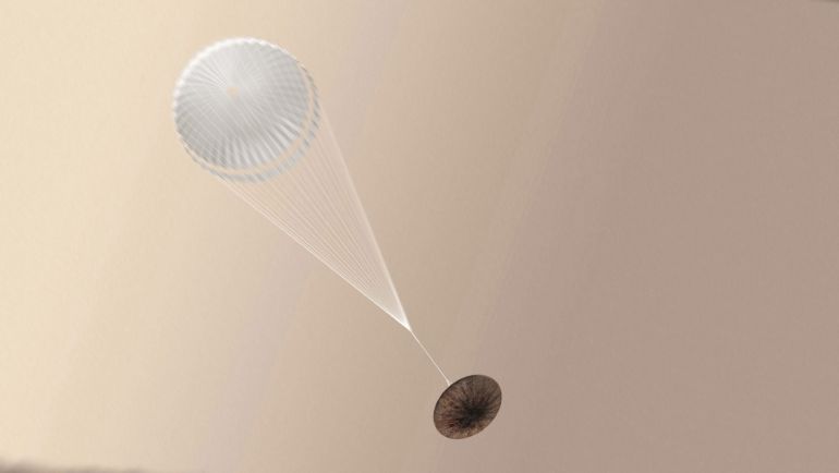 Imagen realizada por la Agencia Espacial Europea (ESA) para mostrar el sistema utilizado por su módulo Schiaparelli para intentar aterrizar en Marte. Imagen realizada por la Agencia Espacial Europea (ESA) para mostrar el sistema utilizado por su módulo Schiaparelli para intentar aterrizar en Marte.