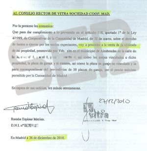Carta remitida por Ramón Espinar a la promotora Vitra. Carta remitida por Ramón Espinar a la promotora Vitra.