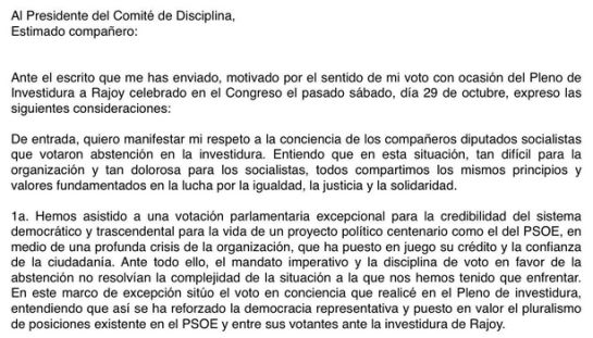 Parte de la carta de alegaciones enviada por los díscolos. Parte de la carta de alegaciones enviada por los díscolos.
