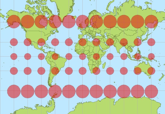 Indicatriz de Tissot en proyección Mercator. El tamaño de las formas rojas indica la distorsión respecto al área real. Indicatriz de Tissot en proyección Mercator. El tamaño de las formas rojas indica la distorsión respecto al área real.
