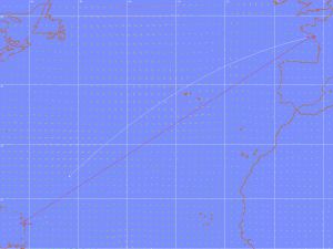 Comparación de una ruta marítima entre Sant-Nazaire (Francia) y Dominica según las proyecciones Mercator (línea recta) y geodésica (curva). Comparación de una ruta marítima entre Sant-Nazaire (Francia) y Dominica según las proyecciones Mercator (línea recta) y geodésica (curva).