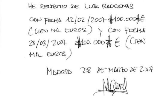 Documento con el "recibí" sobre la presunta comisión entregada al PP de Castilla La Mancha Documento con el "recibí" sobre la presunta comisión entregada al PP de Castilla La Mancha