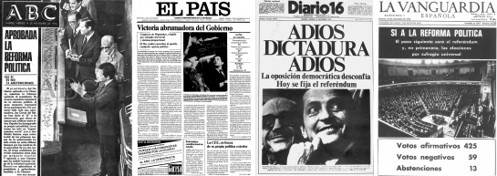 Portadas de 'ABC', 'El País', 'Diario 16' y 'La Vanguardia', del 19 de noviembre de 1976, un día después del fin del Pleno de la Reforma Política. Portadas de 'ABC', 'El País', 'Diario 16' y 'La Vanguardia', del 19 de noviembre de 1976, un día después del fin del Pleno de la Reforma Política.