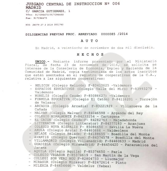 Auto con la lista de colegios concertados investigados por presuntas mordidas a Granados. Auto con la lista de colegios concertados investigados por presuntas mordidas a Granados.