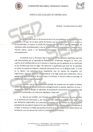 Carta enviada por la Fundación Francisco Franco (página 1 de 3).