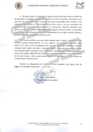 Carta enviada por la Fundación Francisco Franco (página 3 de 3).