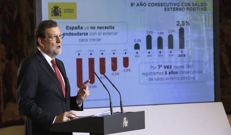 El presidente del Gobierno, Mariano Rajoy, durante la rueda de prensa que ha ofrecido en el Palacio de la Moncloa para hacer balance del año y exponer sus perspectivas para 2017. El presidente del Gobierno, Mariano Rajoy, durante la rueda de prensa que ha ofrecido en el Palacio de la Moncloa para hacer balance del año y exponer sus perspectivas para 2017.