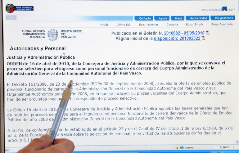 Oferta de empleo p&uacute;blico en el Bolet&iacute;n Oficial del Pa&iacute;s Vasco publicada en mayo de 2010.