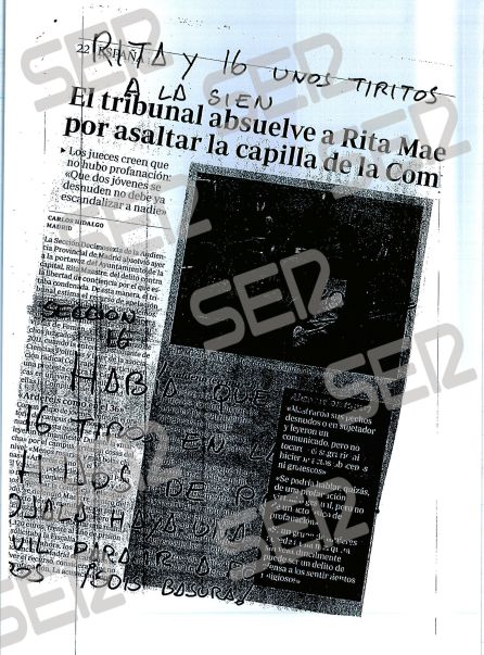 Anónimo recibido en la Audiencia de Madrid con amenazas a Rita Maestre y a la sección decimosexta del tribunal. Anónimo recibido en la Audiencia de Madrid con amenazas a Rita Maestre y a la sección decimosexta del tribunal.