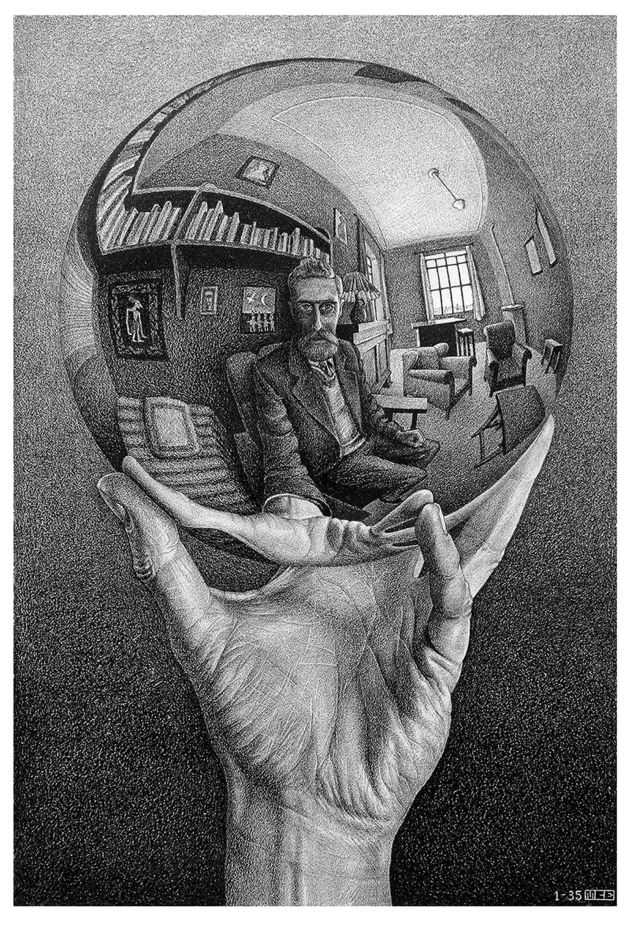 La litografía 'Mano con esfera reflectante', 1935. La litografía 'Mano con esfera reflectante', 1935.