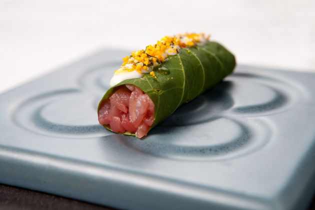 Canelón de capuchina, atún rojo y emulsión de ibérico. Canelón de capuchina, atún rojo y emulsión de ibérico.