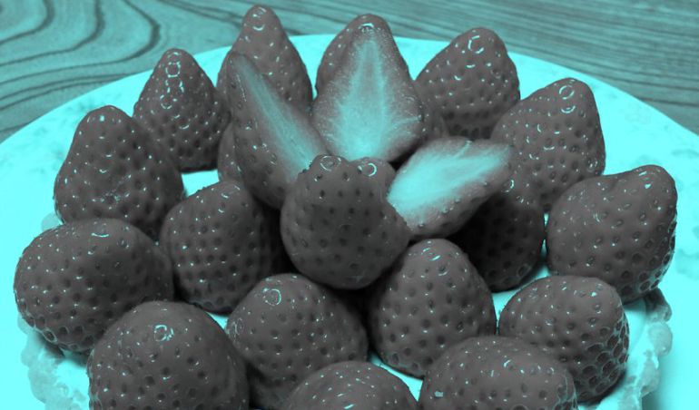Estas fresas no tienen ni una pizca de rojo. Estas fresas no tienen ni una pizca de rojo.