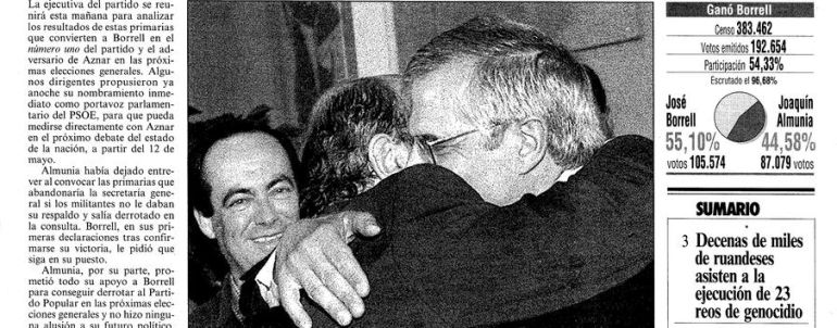 Portada de 'El País' que recoge el triunfo de Josep Borrell en las primarias de 1998. Portada de 'El País' que recoge el triunfo de Josep Borrell en las primarias de 1998.