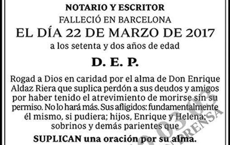 Esquela publicada en el diario 'ABC' el pasado 26 de marzo Esquela publicada en el diario 'ABC' el pasado 26 de marzo