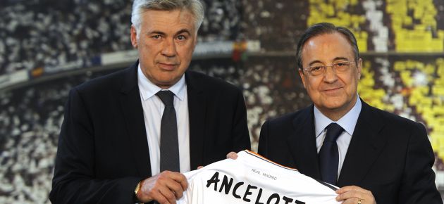 Ancelotti, junto a Florentino el día de la presentación del italiano como nuevo entrenador del Real Madrid Ancelotti, junto a Florentino el día de la presentación del italiano como nuevo entrenador del Real Madrid