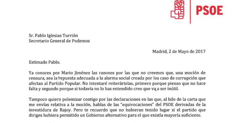Carta remitida por el PSOE a Podemos. Carta remitida por el PSOE a Podemos.
