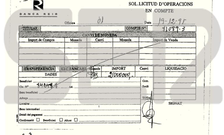 Documento de solicitud de operaciones en cuenta de la Banca Reig fechado en 1995. Documento de solicitud de operaciones en cuenta de la Banca Reig fechado en 1995.