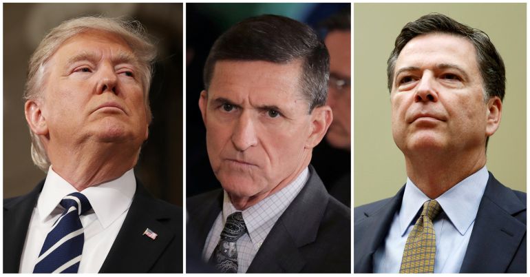 Montaje con fotografías de Donald Trump, Michael Fynn y James Comey Montaje con fotografías de Donald Trump, Michael Fynn y James Comey