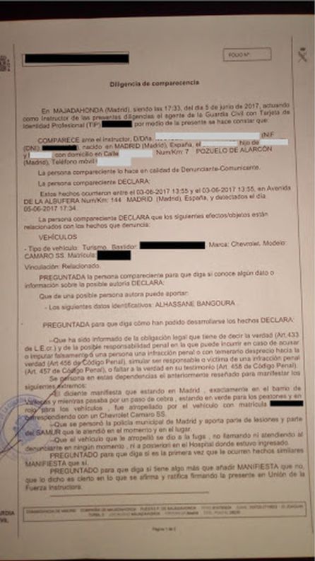 Imagen de la denuncia interpuesta a Lass Bangoura Imagen de la denuncia interpuesta a Lass Bangoura