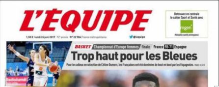 Portada del diario francés L'Equipe tras la victoria española. Portada del diario francés L'Equipe tras la victoria española.