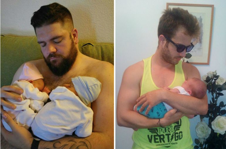 Marcos y Jorge, de 35 y 25 años, con sus bebés recién nacidos. Marcos y Jorge, de 35 y 25 años, con sus bebés recién nacidos.