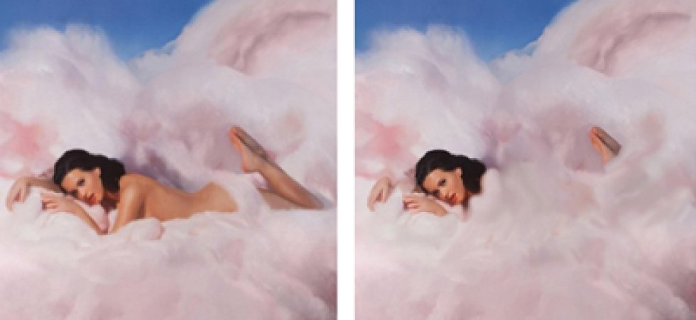 Katy Perry ha sido otra de las que más trabajo han dado. En la portada de 'Teenage Dream', la solución fue forrar su culo con nubes rosas del fondo. Katy Perry ha sido otra de las que más trabajo han dado. En la portada de 'Teenage Dream', la solución fue forrar su culo con nubes rosas del fondo.