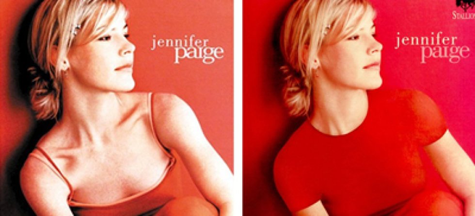 La portada del cd de Jennifer Paige era bastante austera de por sí, pero ni eso la libró de los cambios. El leve escote de la cantante fue tapado por una camiseta de manga corta y sin escote. La portada del cd de Jennifer Paige era bastante austera de por sí, pero ni eso la libró de los cambios. El leve escote de la cantante fue tapado por una camiseta de manga corta y sin escote.