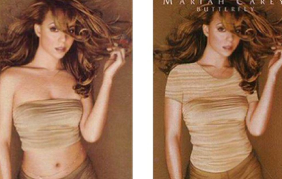 El top que luce Mariah Carey en 'Butterfly' pasa a ser una camiseta larga en la versión oriental. El top que luce Mariah Carey en 'Butterfly' pasa a ser una camiseta larga en la versión oriental.